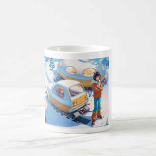 Mädchen mit Retro-Schneemobil Kaffeetasse