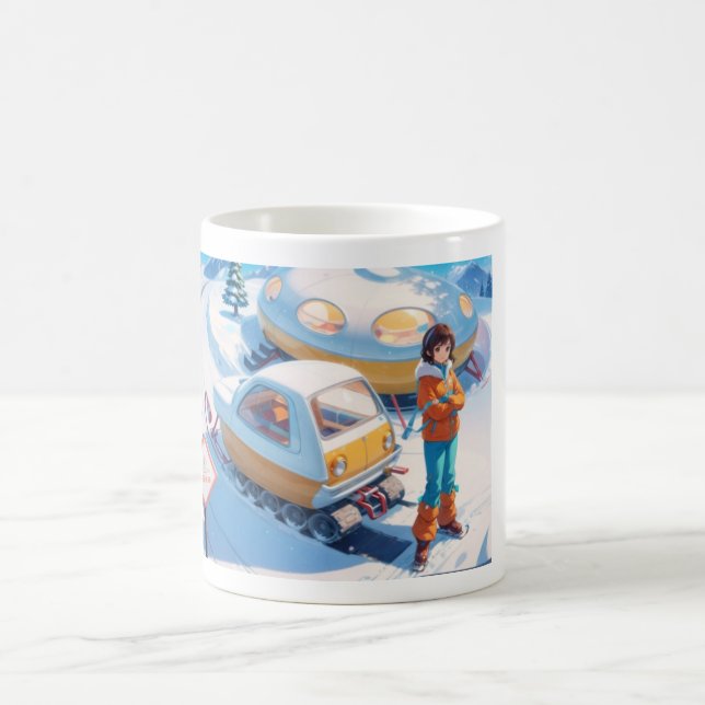 Mädchen mit Retro-Schneemobil Kaffeetasse (Mittel)