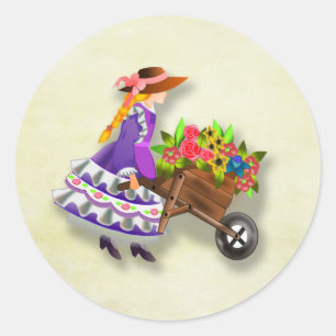 Mädchen mit Rollkarre mit farbigen Blume Runder Aufkleber