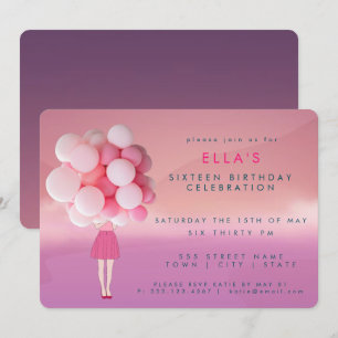 Mädchen mit rosa Balloons Party Einladung
