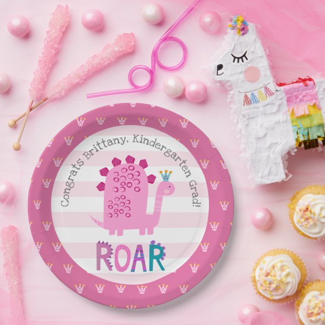 Mädchen mit rosa Dinosaurier - lustige Kindergarte Pappteller (Party)
