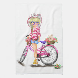 Mädchen mit rosa Fahrrad Küchentuch