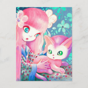Mädchen mit rosa Haar im Kimono mit Kawaii-Katze Postkarte