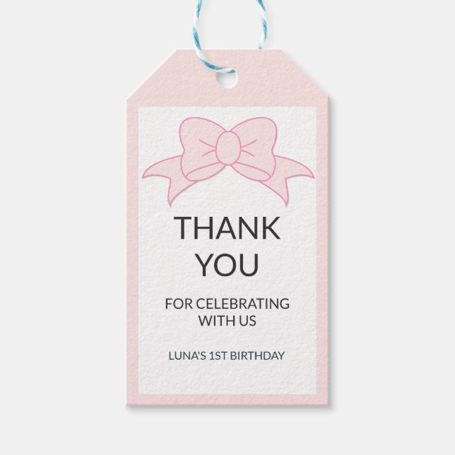 Mädchen mit rosa Schleife 1. Geburtstag Geschenkanhänger (Vorderseite)