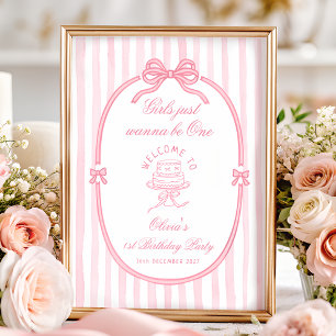 Mädchen mit rosa Schleife 1. Geburtstagsbegrüßung Poster