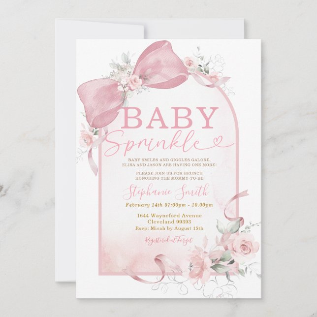 Mädchen mit rosa Schleife Baby Sprinkle Einladung  (Vorderseite)