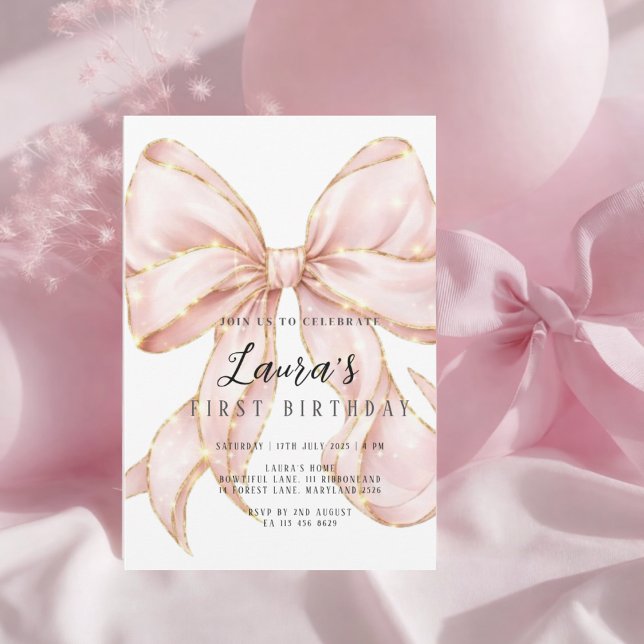 Mädchen mit rosa Schleife Erster Geburtstag Einladung (Von Creator hochgeladen)