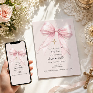 Mädchen mit rosa Schleife Perlen Champagner Taufe Einladung
