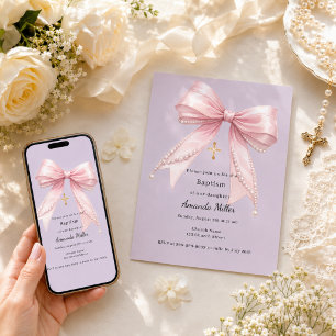 Mädchen mit rosa Schleife Perlen lila Taufe Einladung