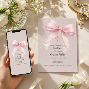 Mädchen mit rosa Schleife Perlen Taupe Taufe Einladung