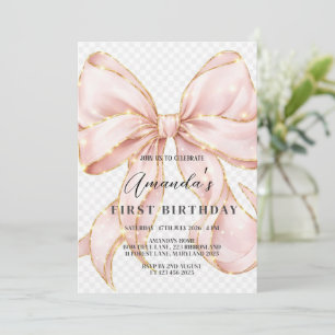 Mädchen mit rosa Schleife zum ersten Geburtstag Einladung