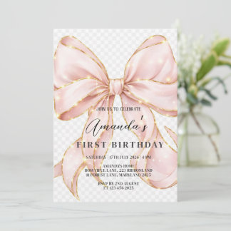Mädchen mit rosa Schleife zum ersten Geburtstag Einladung