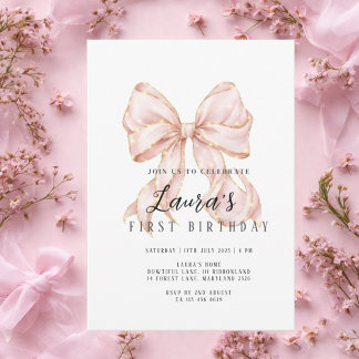 Mädchen mit rosa Schleife zum ersten Geburtstag Einladung