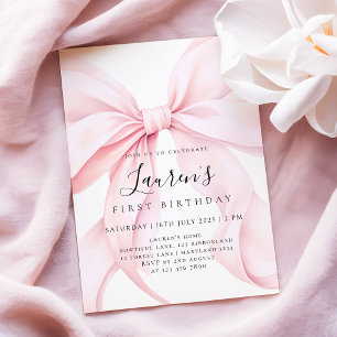 Mädchen mit rosa Schleife zum ersten Geburtstag  Einladung