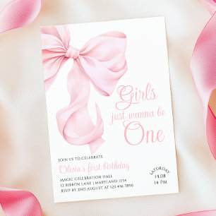 Mädchen mit rosa Schleife zum ersten Geburtstag Einladung