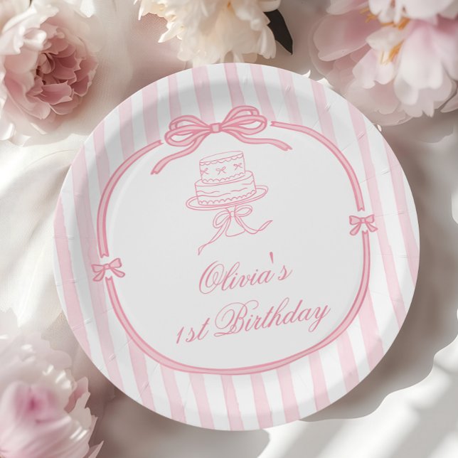 Mädchen mit rosa Schleife zum ersten Geburtstag Pappteller (Von Creator hochgeladen)