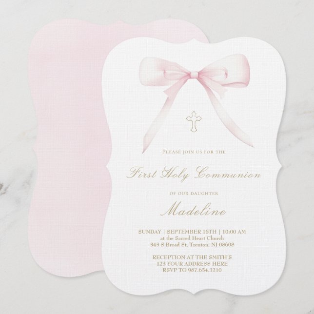 Mädchen mit rosa Schleifendesign zur Erstkommunion Einladung (Vorne/Hinten)