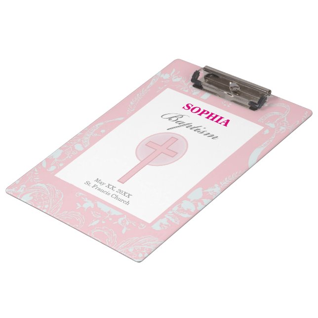 Mädchen mit rosa Spitze Taufe Klemmbrett (Schrägansicht)