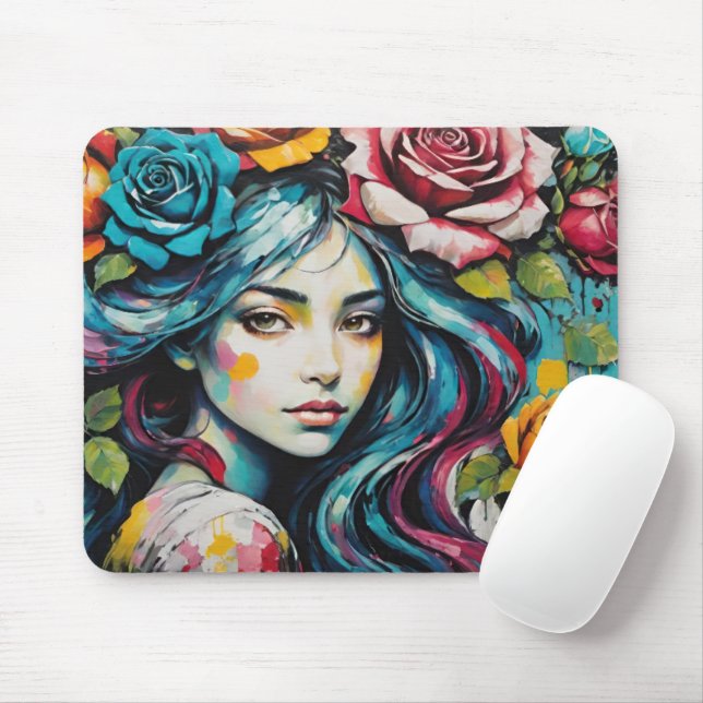 Mädchen mit Rose im Wasserfarbenstil ihres Haars Mousepad (Mit Mouse)