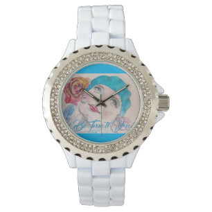 Mädchen mit Rote Rose Beret wahr sein zu sehen Armbanduhr