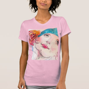 Mädchen mit Rote Rose Beret Wasserfarbe Girl Rosa T-Shirt