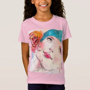 Mädchen mit Rote Rose Beret Wasserfarbe Girl Rosa T-Shirt