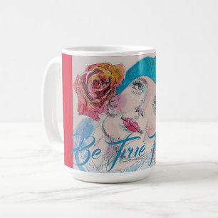 Mädchen mit Rote Rose Beret Wasserfarbe wahr sein Kaffeetasse