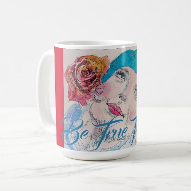 Mädchen mit Rote Rose Beret Wasserfarbe wahr sein Kaffeetasse (Vorderseite Links)
