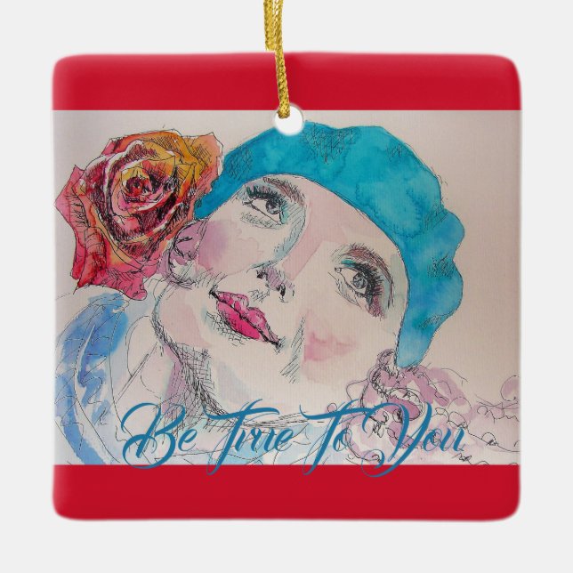 Mädchen mit Rote Rose Beret Wasserfarbe wahr sein Keramikornament (Vorderseite)