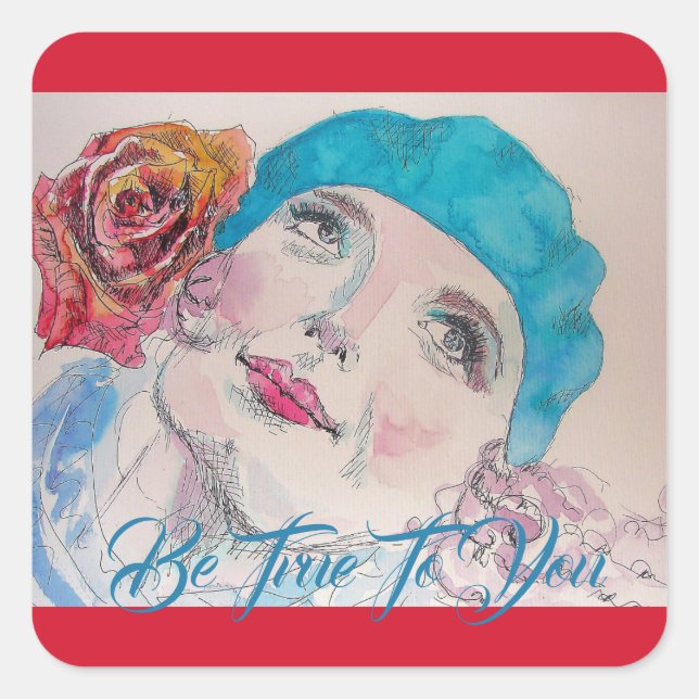 Mädchen mit Rote Rose Beret Wasserfarbe wahr sein Quadratischer Aufkleber (Vorderseite)