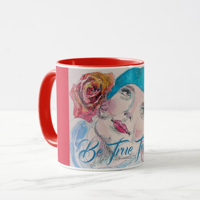 Mädchen mit Rote Rose Beret Wasserfarbe wahr sein Tasse (Vorderseite Links)