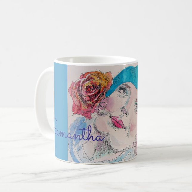 Mädchen mit Rote Rose Beret Wasserfarbene Girl Kaffeetasse (Vorderseite Links)