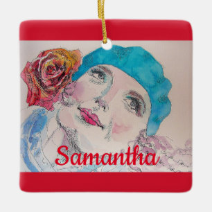 Mädchen mit Rote Rose Beret Wasserfarbene Girl Keramikornament