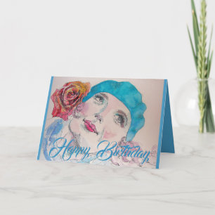 Mädchen mit Rote Rose Beret Watercolor Geburtstags Karte