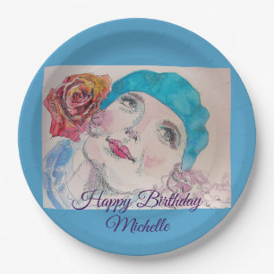 Mädchen mit Rote Rose Beret Watercolor Geburtstags Pappteller