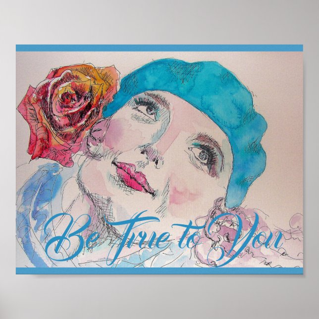 Mädchen mit Rote Rose Beret Watercolor Poster (Vorne)