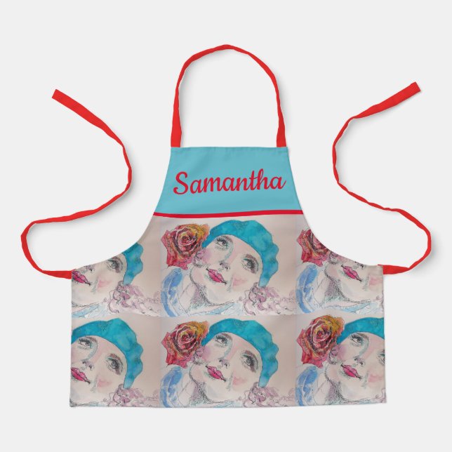 Mädchen mit Rote Rose Wasserfarbe Beret Aquamarine Schürze (Vorderseite)