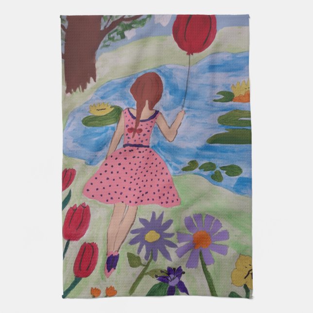Mädchen mit rotem Balloonteetuch Geschirrtuch (Vertikal)