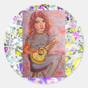 Mädchen mit rotem Haar und Ukulele-Tropfen Runder Aufkleber