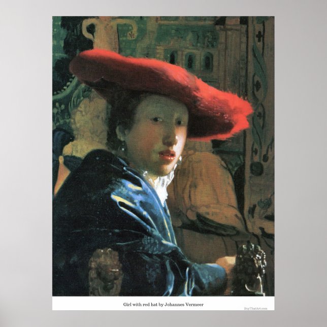 Mädchen mit rotem Hut von Johannes Vermeer Poster (Vorne)