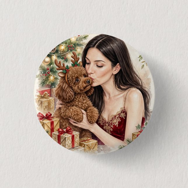 Mädchen mit rotem Spielzeug-Pudel Button (Vorderseite)