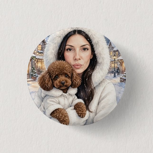 Mädchen mit rotem Spielzeug-Pudel Button (Vorderseite)