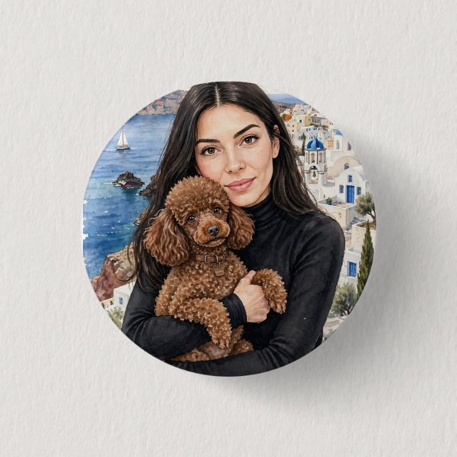 Mädchen mit rotem Spielzeug-Pudel Button (Vorderseite)