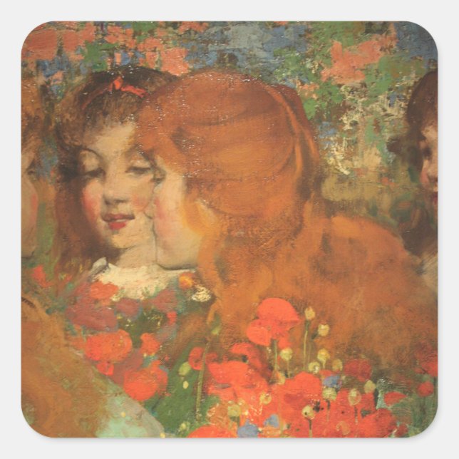 Mädchen mit roten Pfoten (von George Henry) Quadratischer Aufkleber (Vorderseite)