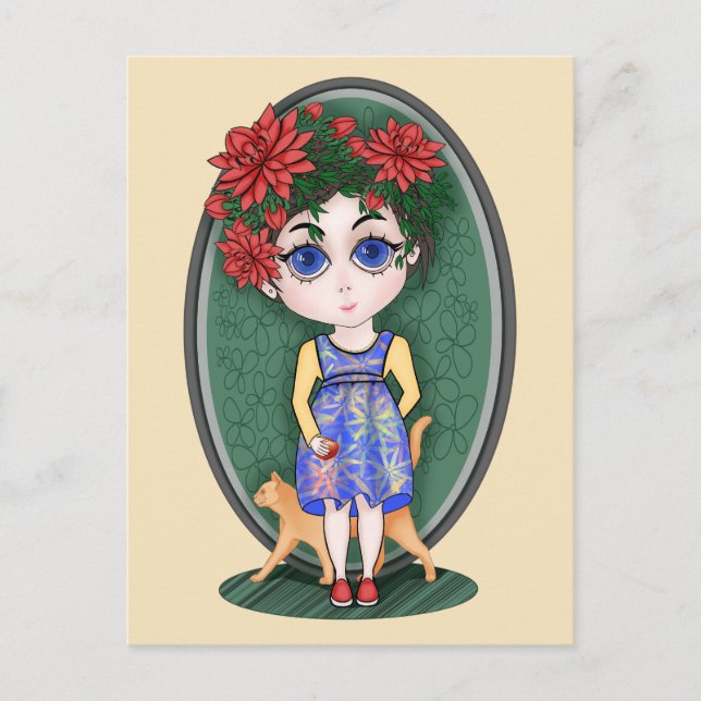 Mädchen mit roter Katze und Apfel. Chibi Style. Postkarte (Vorderseite)