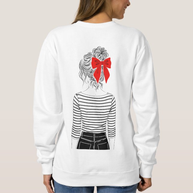 Mädchen mit roter Schleife Pferdeschwanz gestreift Sweatshirt (Rückseite)
