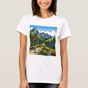 Mädchen mit Rucksack beim Wandern auf einem Naturl T-Shirt