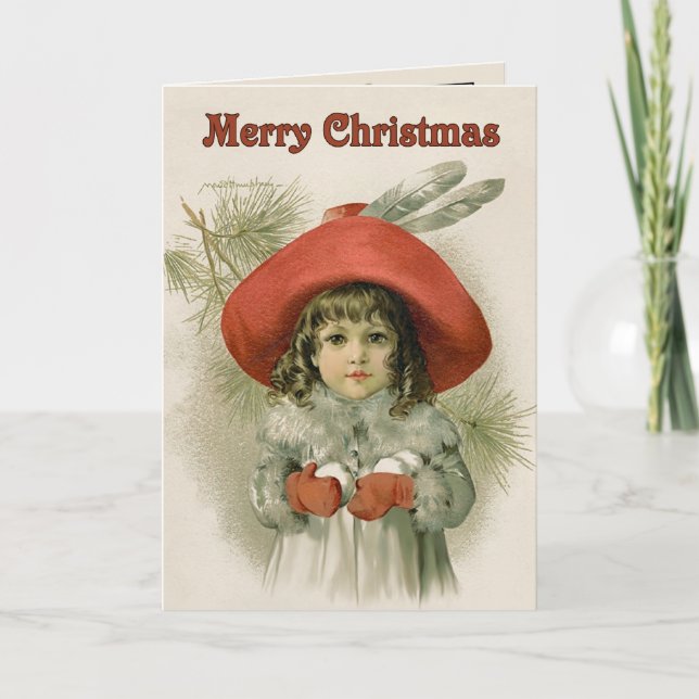 Mädchen mit Schneebällen - Maud Humphrey Feiertagskarte (Vorderseite)