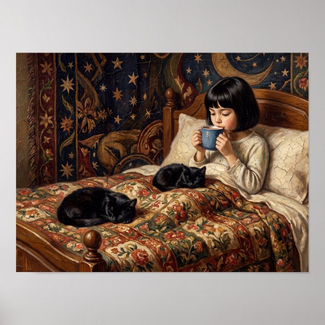 Mädchen mit schwarzen Katzen im Bett Gemälde Poster (Vorne)