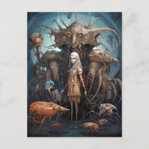 Mädchen mit seltsamen Monstern surreale Kunst Postkarte